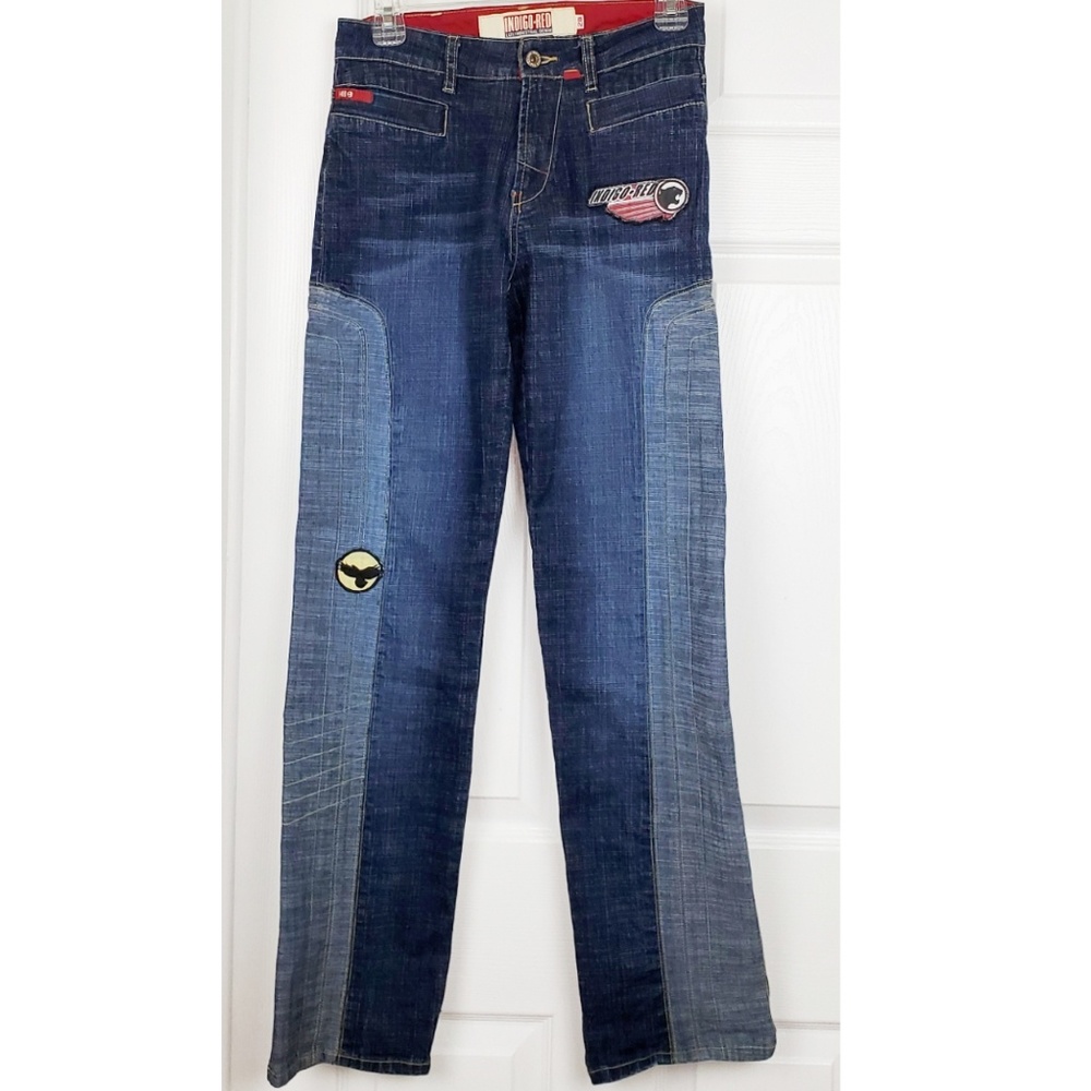 Indigo red lux norma patch work boot cut jeans blue womens size 28